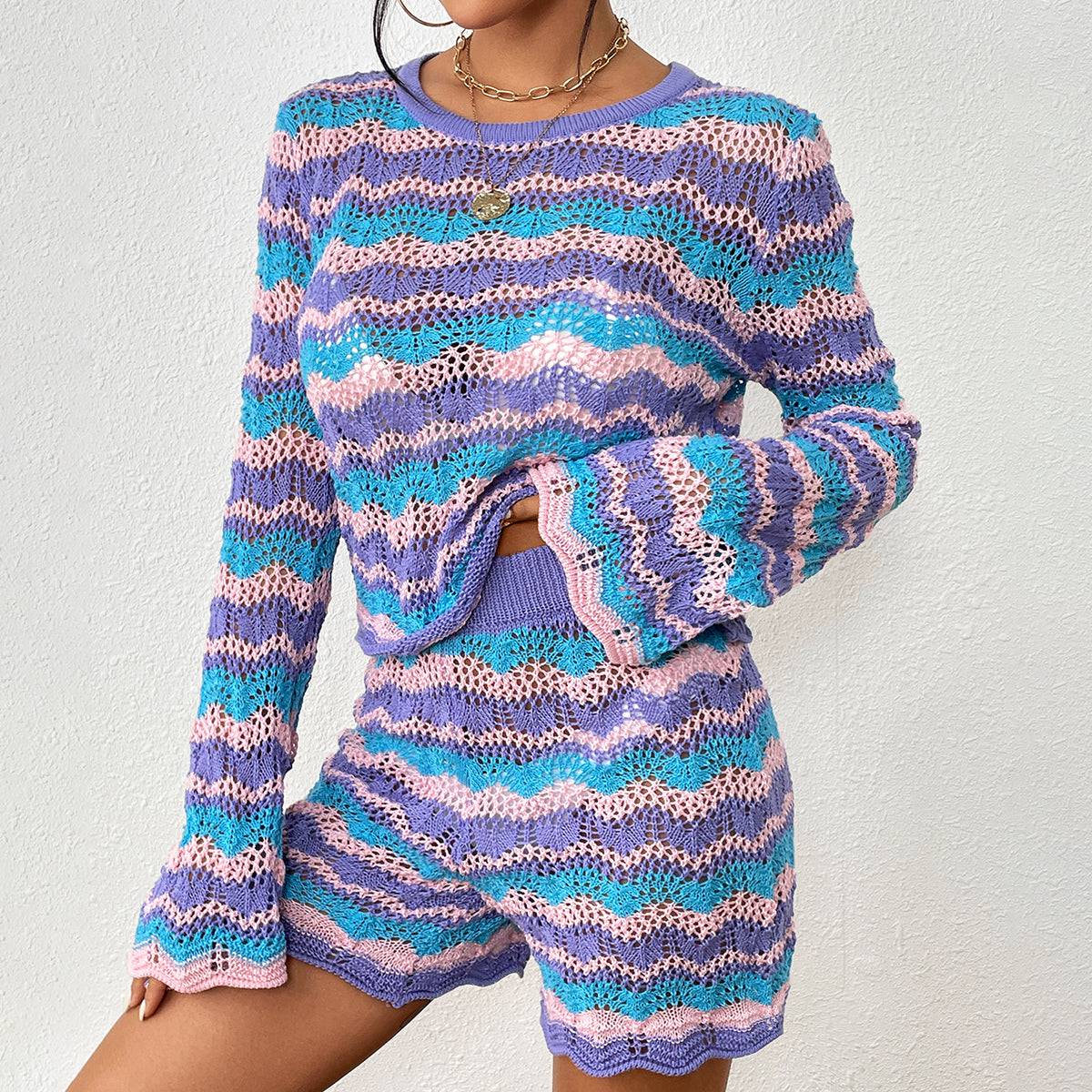 Two-piece patchwork sweater loose mid-color round neck striped sweater for women - MATCHING MASTER