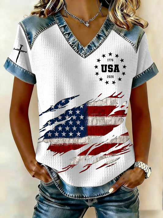 Women's 250th America Anniversary Casual Printed Waffle Knit Short-Sleeved T-Shirt - BundleWear