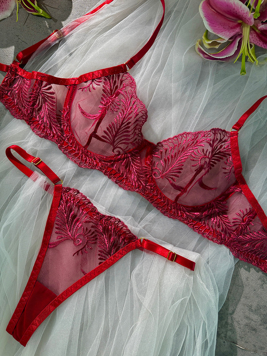 Wine Red Elegant Essence Embroidery Lingerie Set