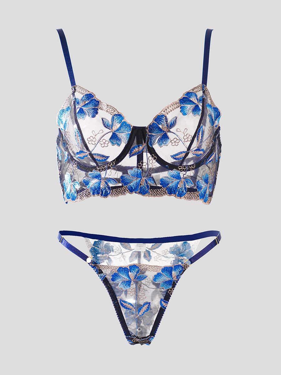 Blue Floral Embroidery Widen Side Lingerie Set - MATCHING MASTER