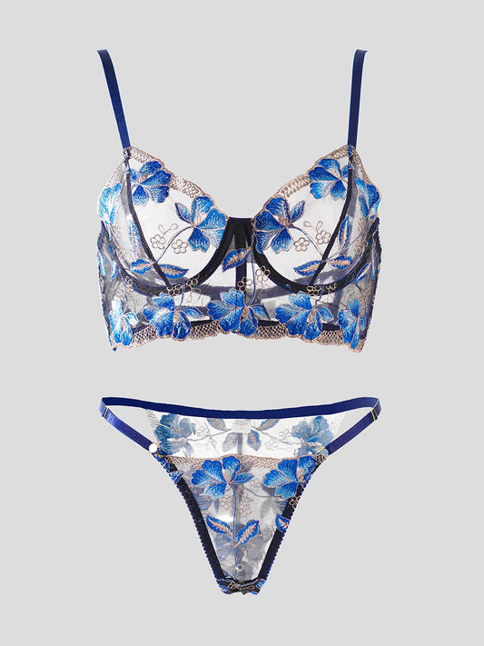 Blue Floral Embroidery Widen Side Lingerie Set - MATCHING MASTER
