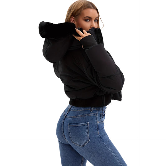 Short coat with large fur collar, hood and waist-hugging design - MATCHING MASTER