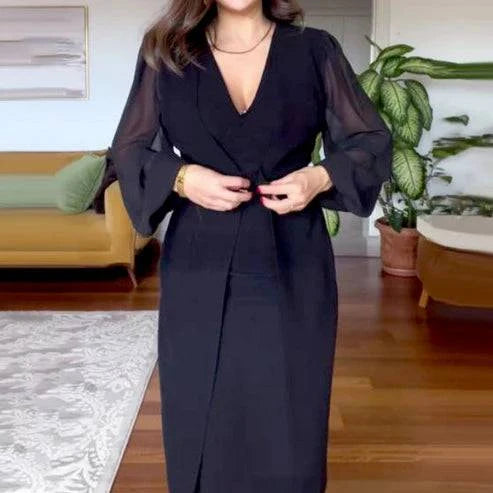 Elegant Ladies Lace Long Sleeve V Neck Dress - MATCHING MASTER