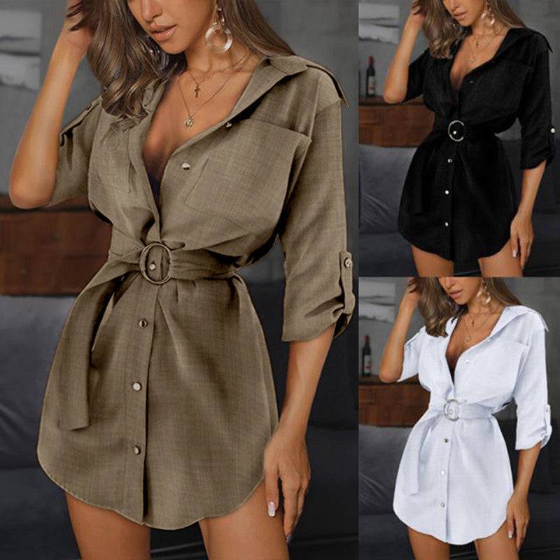 Summer Tie Cardigan Solid Color Roll-up Sleeve Shirt Dress - MATCHING MASTER