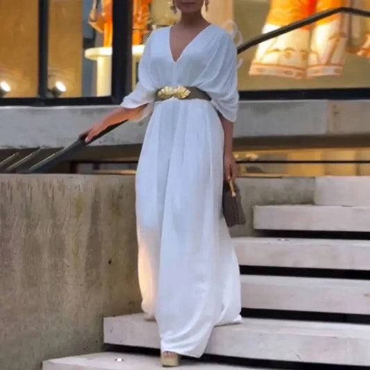 Women's V-Neck Half Sleeve Ruched Jumpsuit - MATCHING MASTER