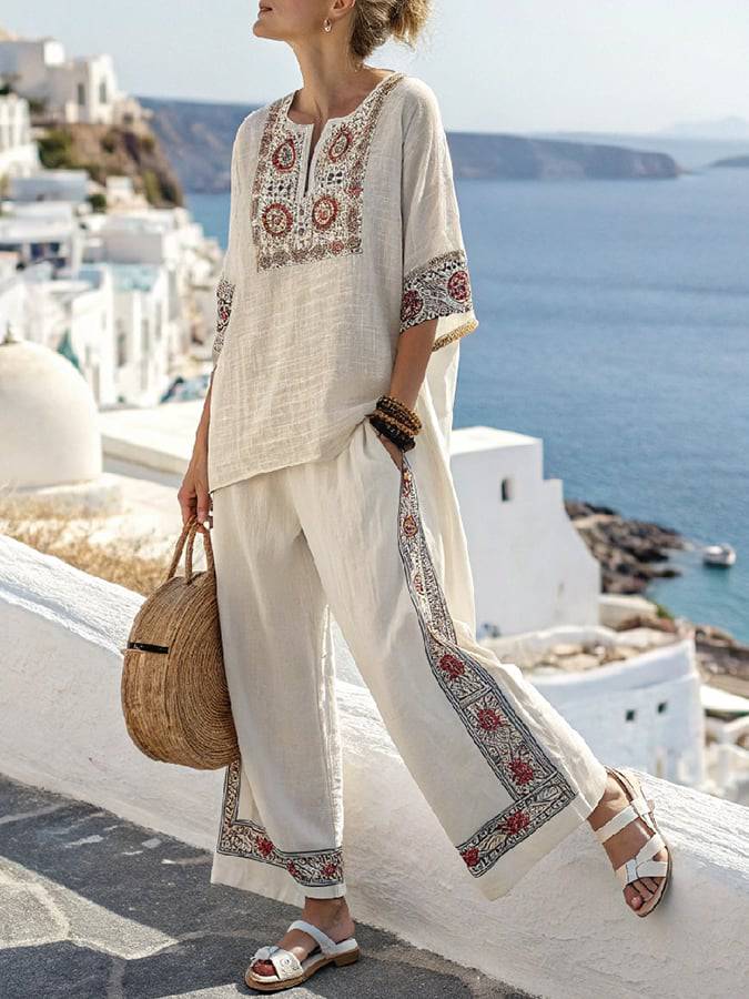 Women Summer Loose Casual Printed Elastic Waist Pants Set - MATCHING MASTER