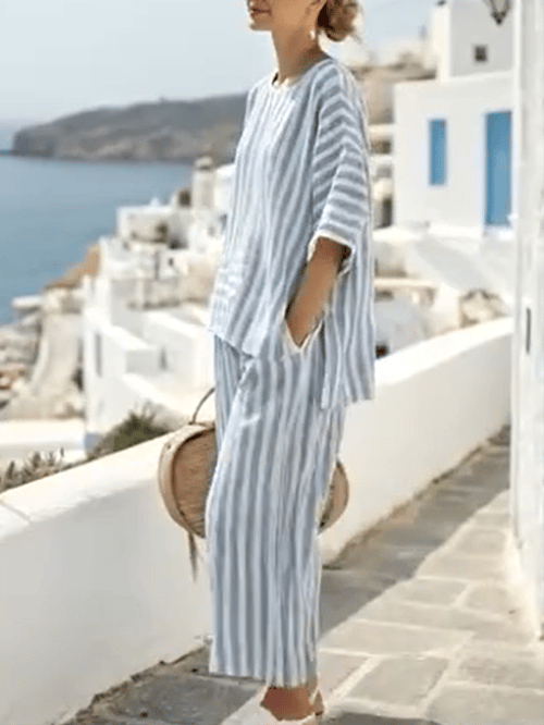 Women Summer Loose Striped Casual Elastic Waist Pants Set - MATCHING MASTER