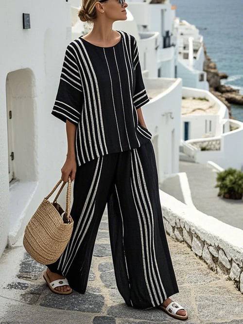 Women Summer Loose Striped Pants Suit - MATCHING MASTER