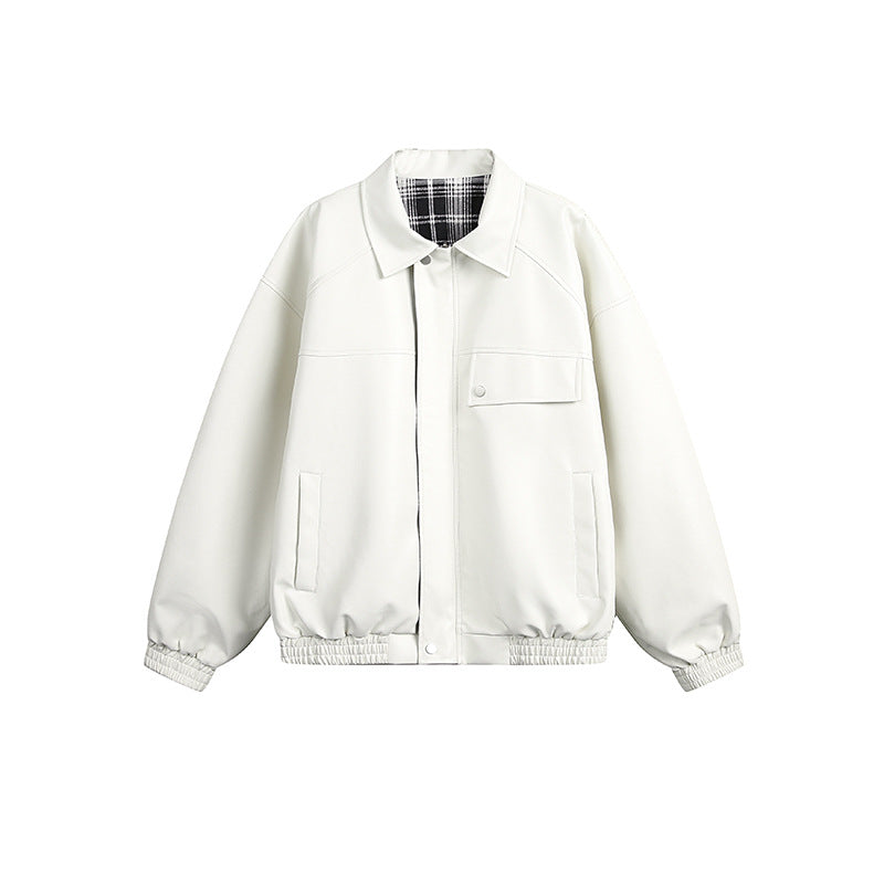 Genuine leather jacket with plaid lining, reversible lapel leather jacket - MATCHING MASTER