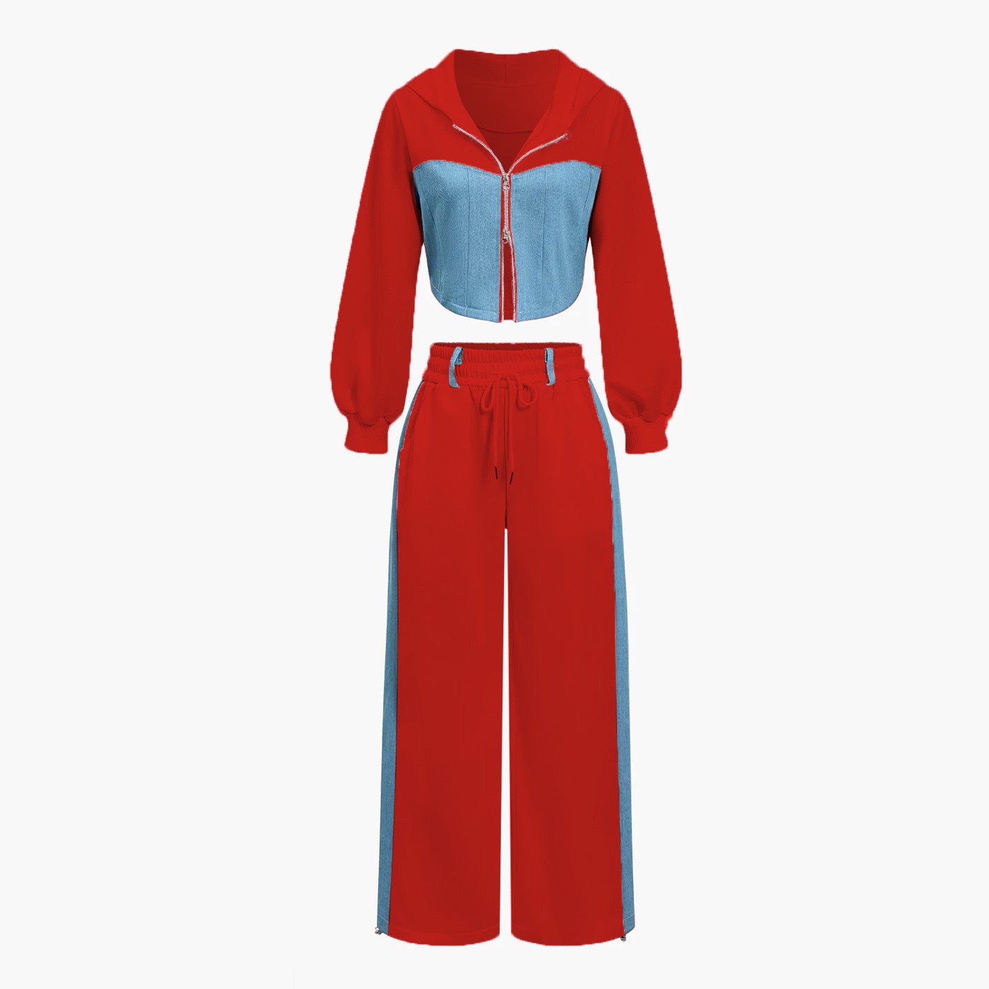Denim patchwork hooded top and trousers two-piece set - MATCHING MASTER