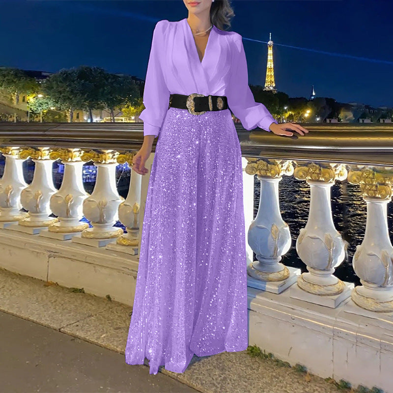 Sequined Long-Sleeve One-Piece trousers Set