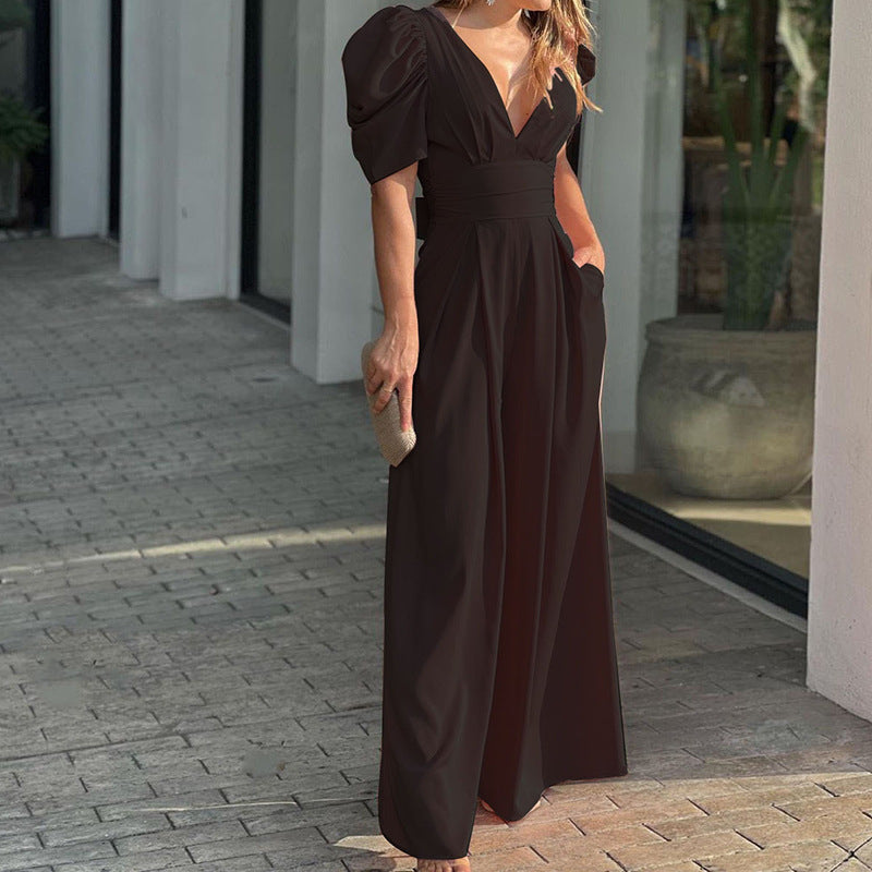 Women's Puff Sleeve Plunge Wide Leg Jumpsuit