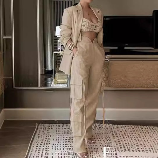 BundleWear™ Cargo-Ribbon Co-Ord | Multi-Pocket Blazer & Wide-Leg Trousers Set