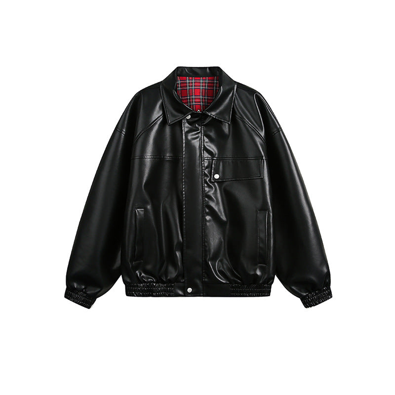 Genuine leather jacket with plaid lining, reversible lapel leather jacket
