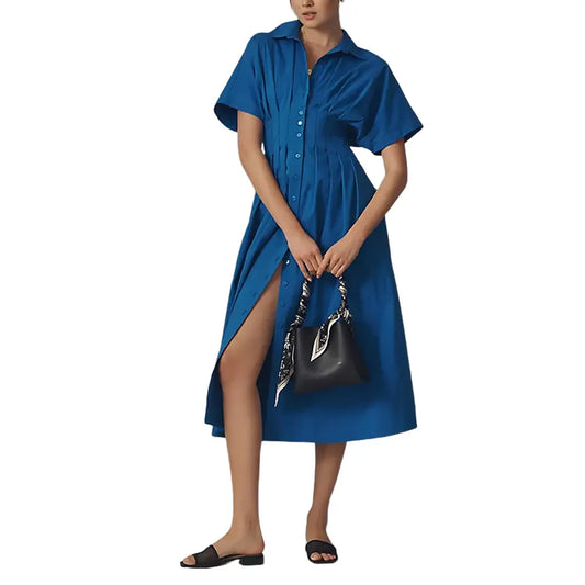 Women's Button-Down Shirt Dress - Short-Sleeve, Loose, Pleated Maxi Sundress with Pockets, Basic Casual Wear for Summer