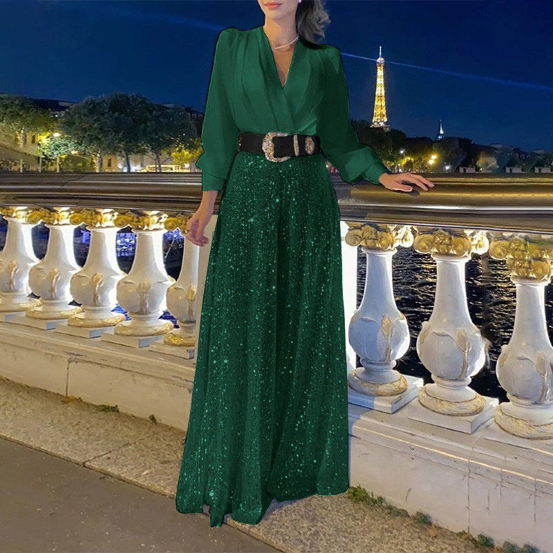 Sequined Long-Sleeve One-Piece trousers Set