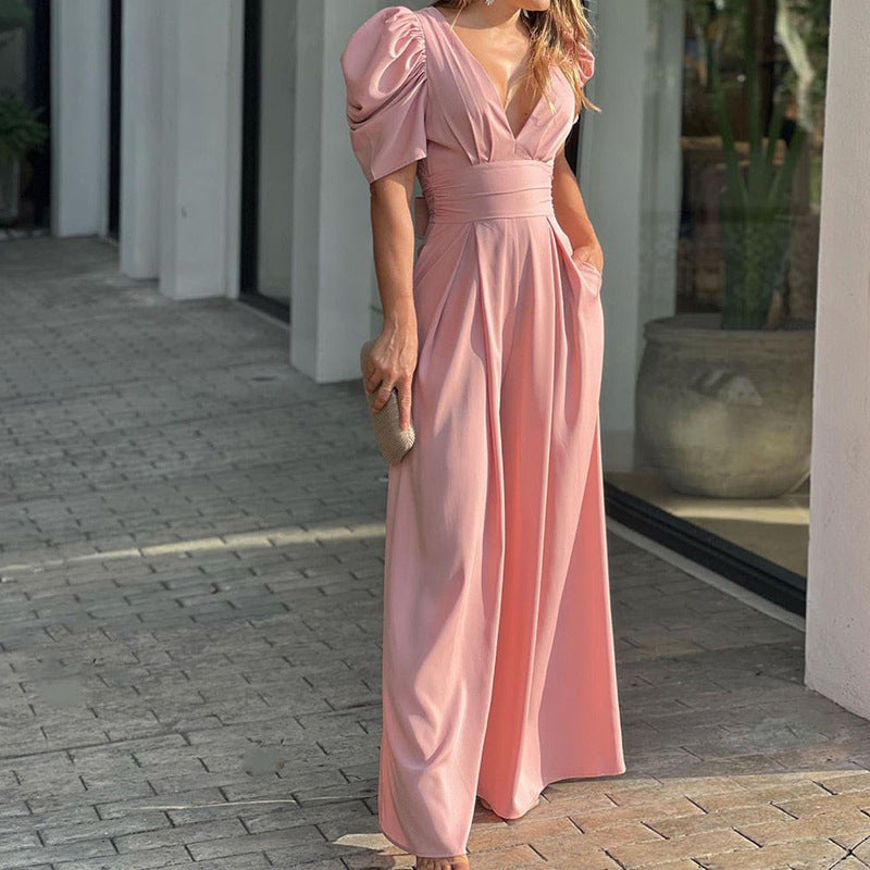Women's Puff Sleeve Plunge Wide Leg Jumpsuit