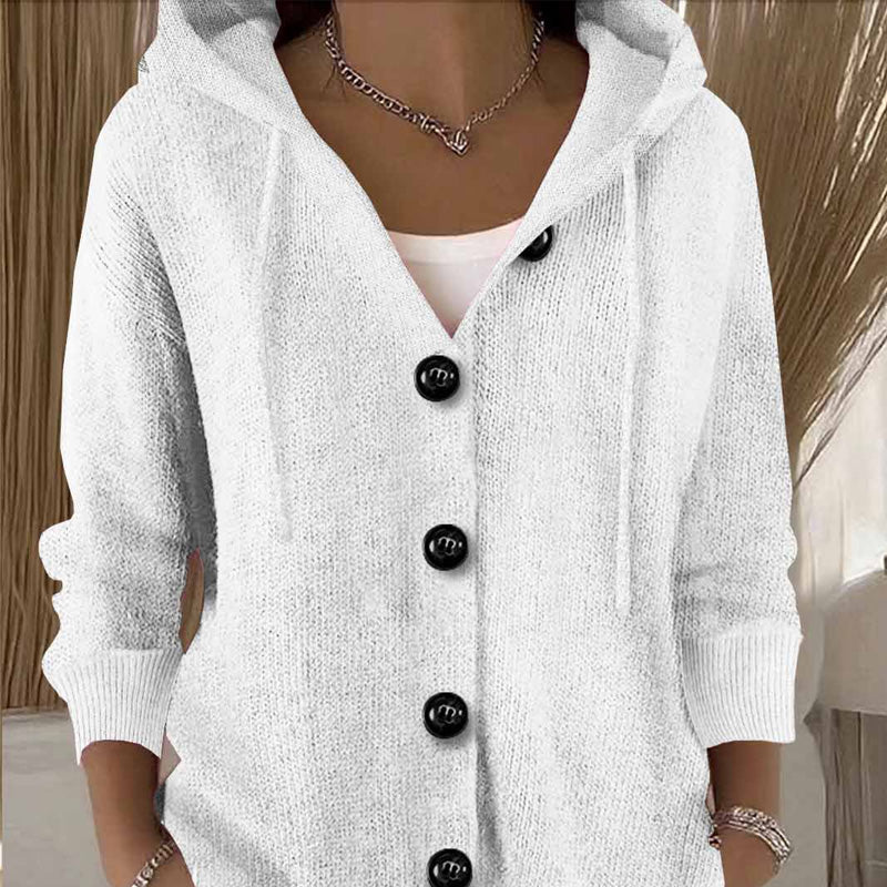 Button-down knit hooded sweater cardigan