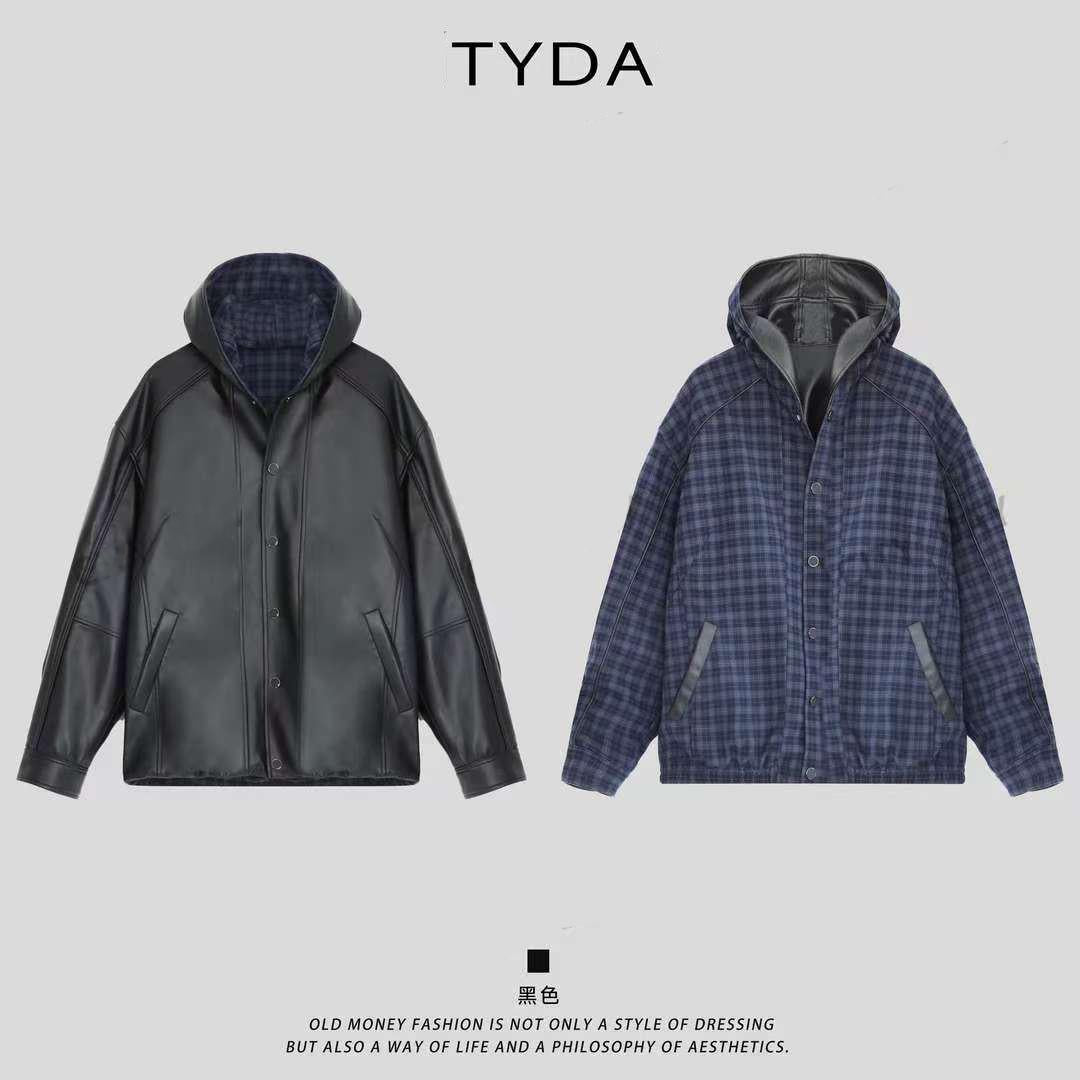 Genuine leather jacket with plaid lining, reversible lapel leather jacket