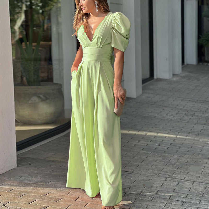 Women's Puff Sleeve Plunge Wide Leg Jumpsuit