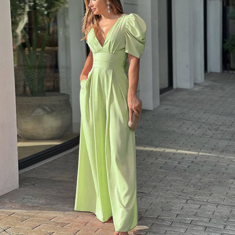 Women's Puff Sleeve Plunge Wide Leg Jumpsuit - MATCHING MASTER