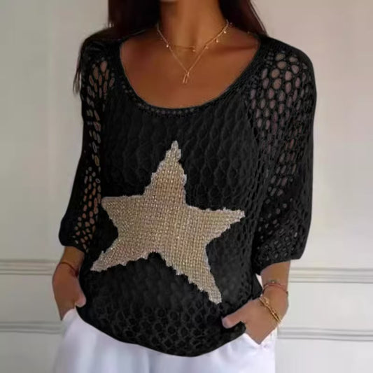 ⌛💥Ladies' Fashion Round Neck Crochet Knit Fishnet Top - MATCHING MASTER