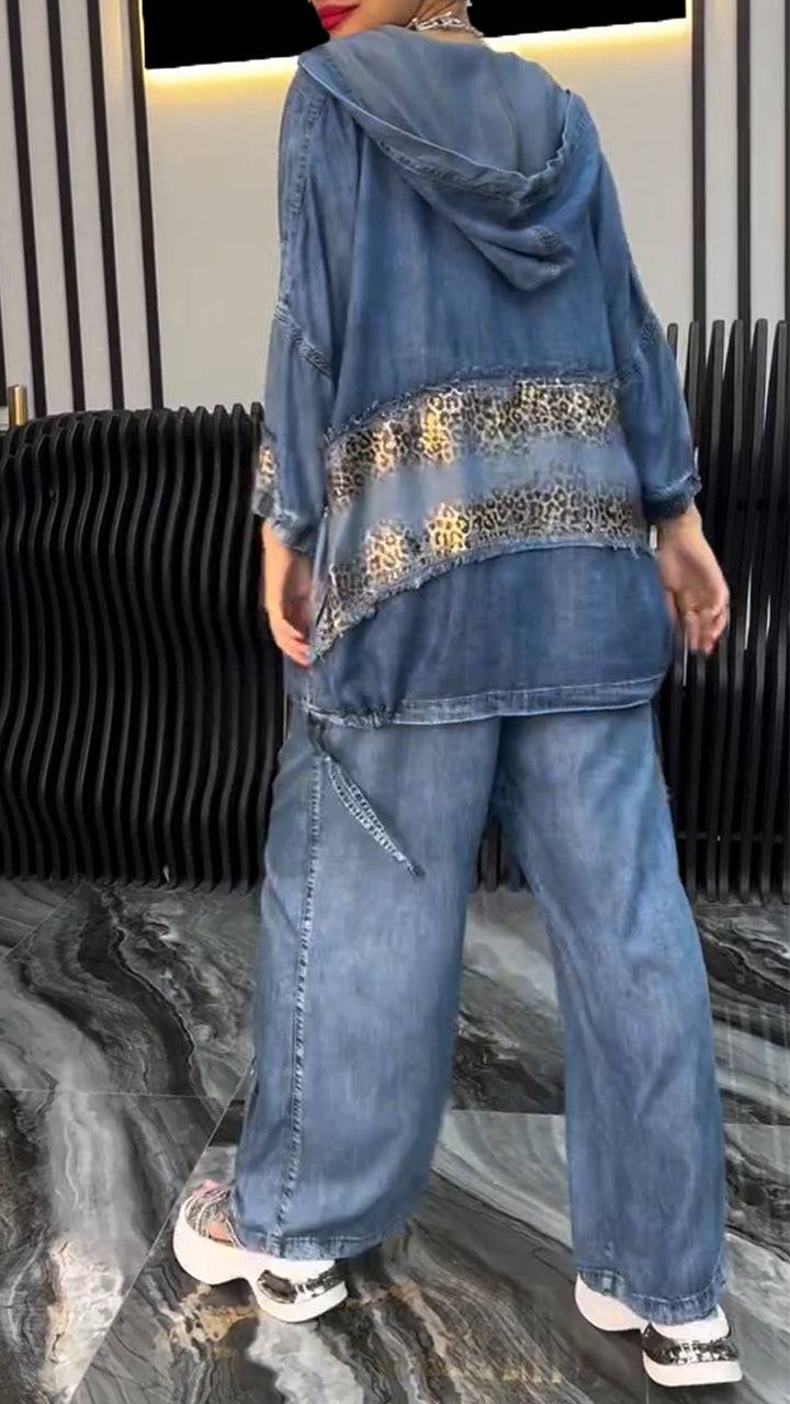 Women's Lapel Silver Leopard Print Splicing Tencel Denim Casual Suit - MATCHING MASTER