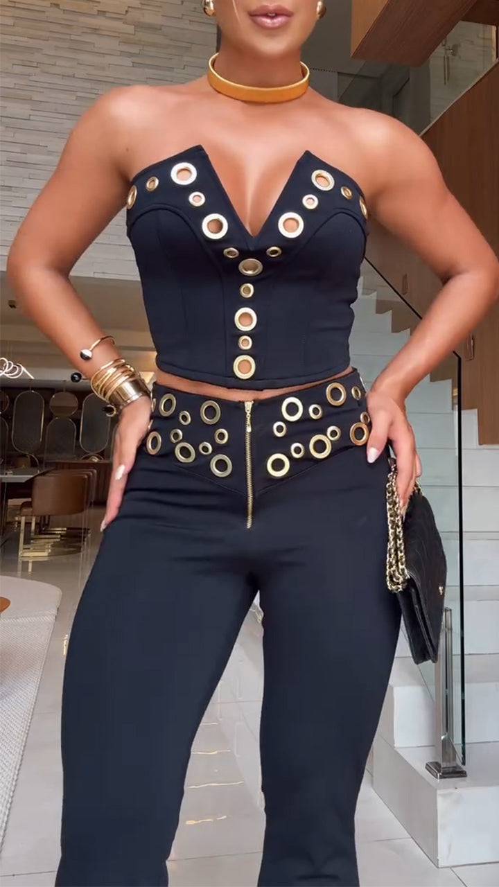 Women's V-neck Tube Top Eyelet Fashion Slim Fit Suit - MATCHING MASTER