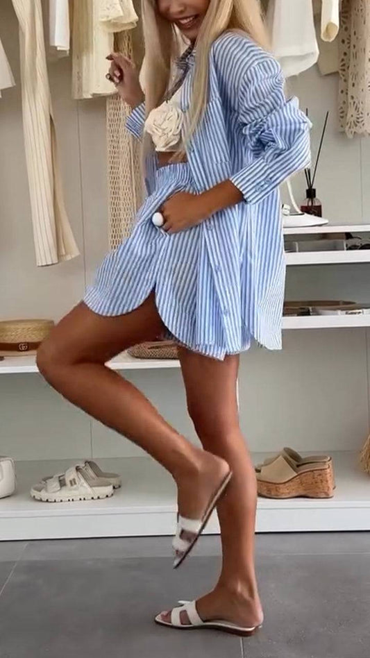 Ladies' Collar Vertical Stripe Top+shorts Casual Set - MATCHING MASTER