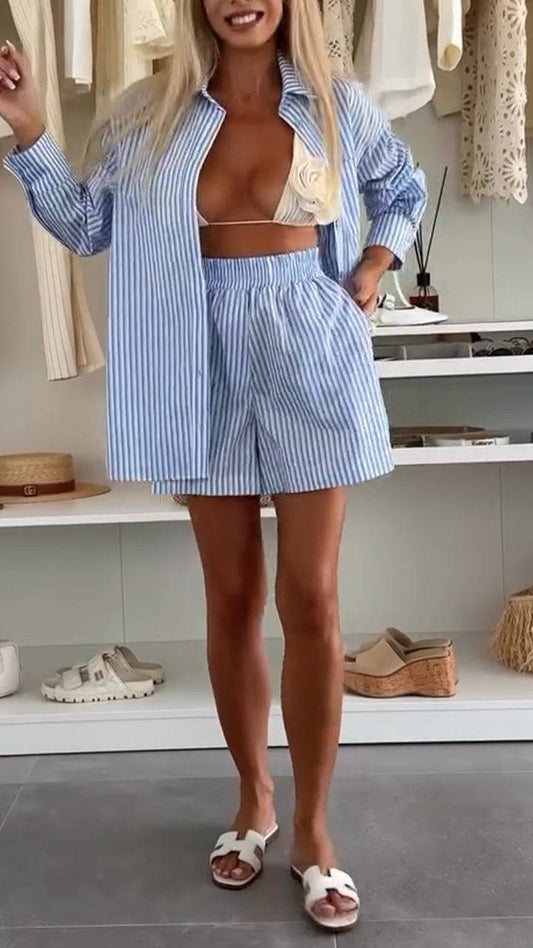 Ladies' Collar Vertical Stripe Top+shorts Casual Set - MATCHING MASTER