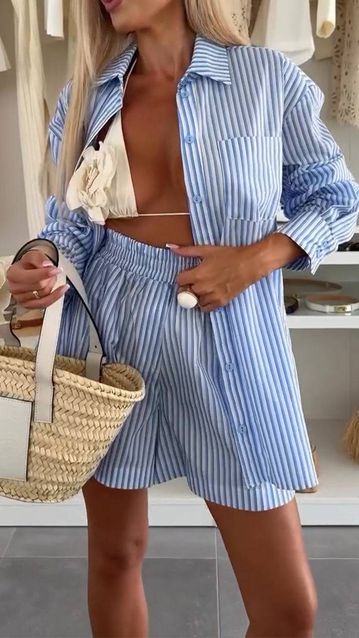 Ladies' Collar Vertical Stripe Top+shorts Casual Set - MATCHING MASTER