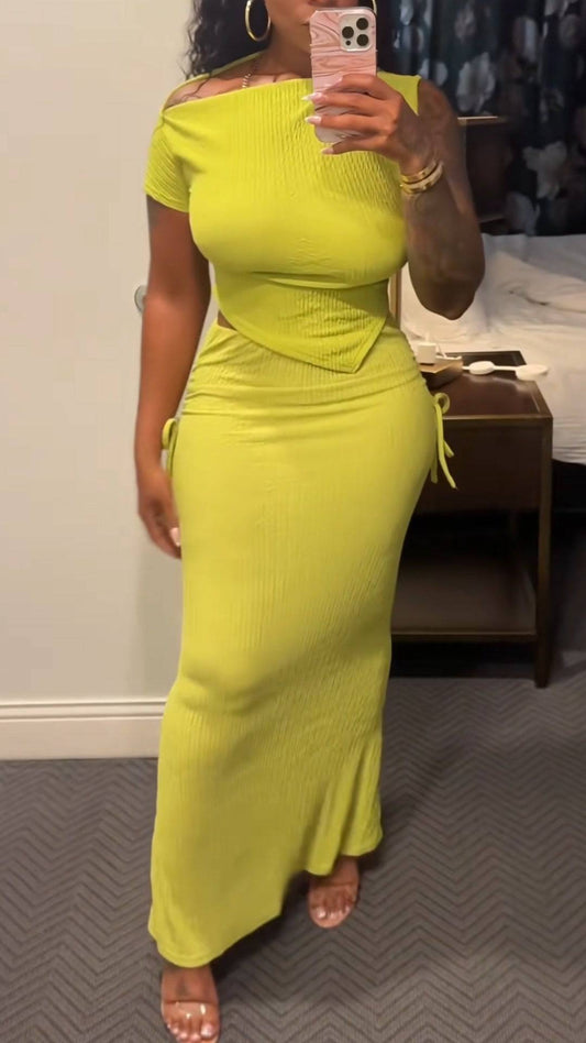 Ladies' Slanted Collar Solid Color Top+skirt with A Casual Temperament Suit - MATCHING MASTER