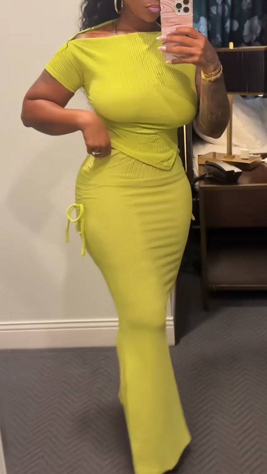 Ladies' Slanted Collar Solid Color Top+skirt with A Casual Temperament Suit - MATCHING MASTER