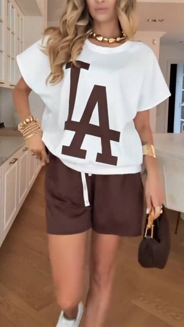 Ladies' Round Neck Printed Letter Top+ Shorts Casual Set - MATCHING MASTER