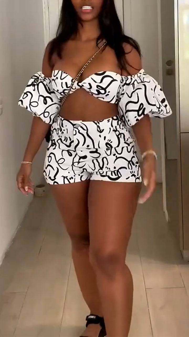 Ladies' One Neck Strapless Print+ Pants Casual Vacation Style Set - MATCHING MASTER