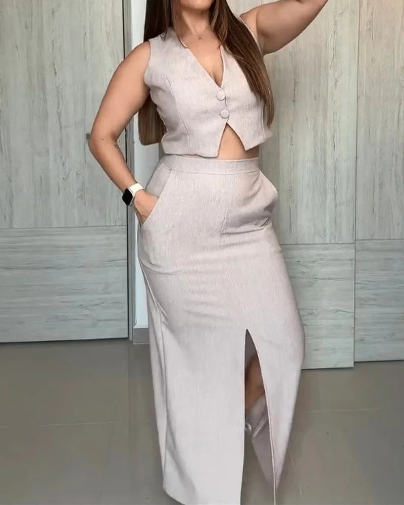 Women's V-neck Short Top+ Slit Skirt Casual Temperament Set