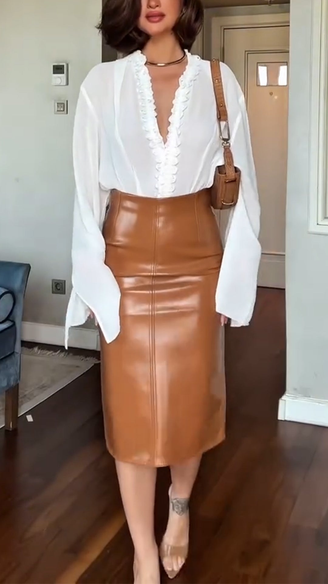 Ladies' V-neck Top+ Leather Skirt Temperament Commuting Set