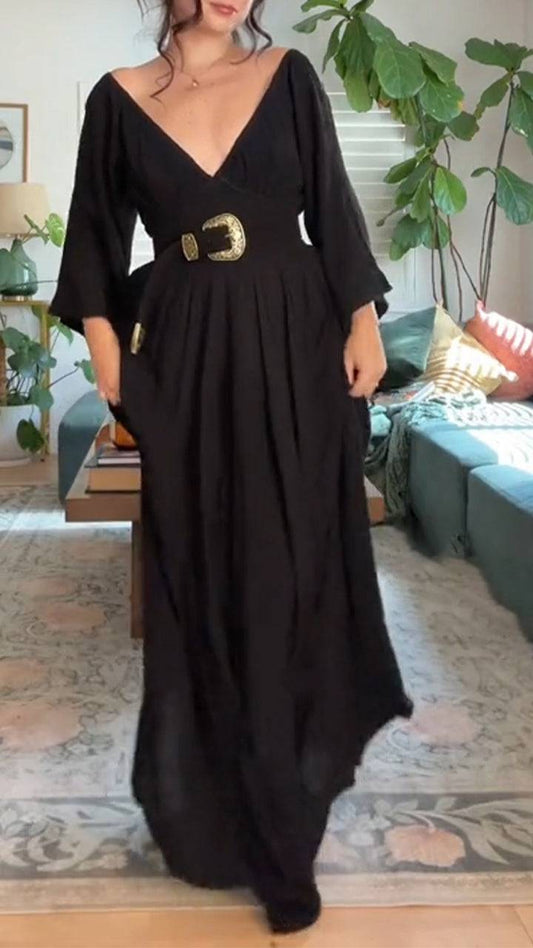 Ladies' V-neck Solid Color Splicing Casual Temperament Dress - MATCHING MASTER