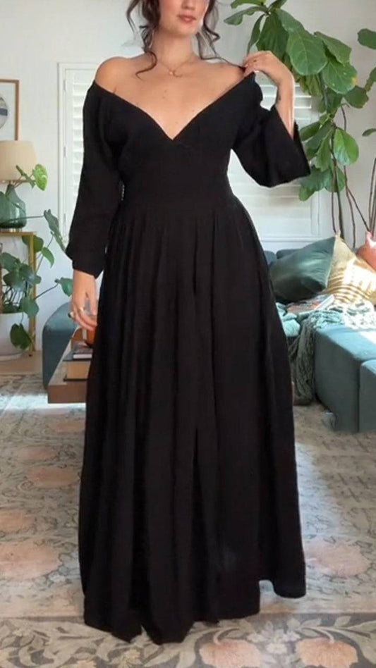 Ladies' V-neck Solid Color Splicing Casual Temperament Dress - MATCHING MASTER