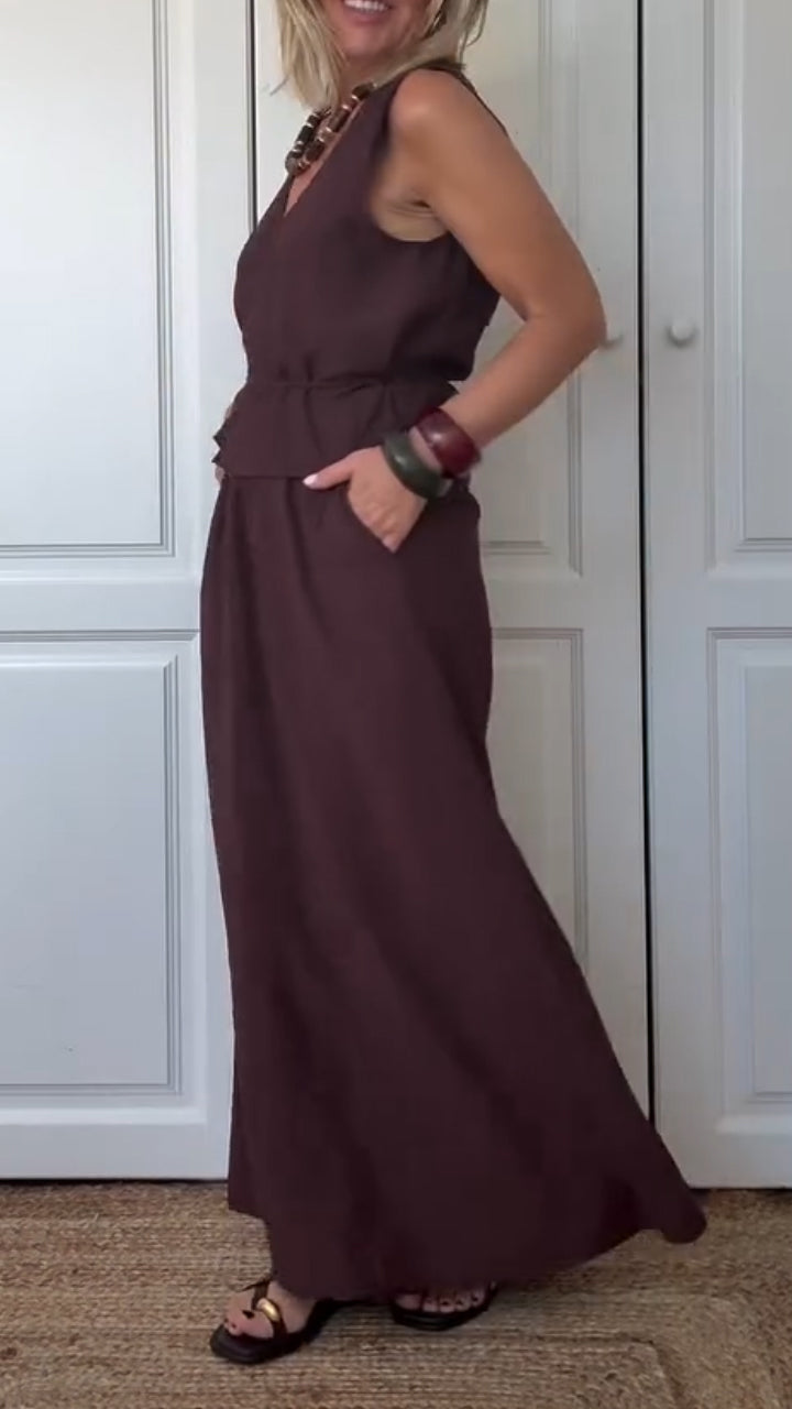 Ladies' V-neck Solid Color Top+ Skirt Casual Set