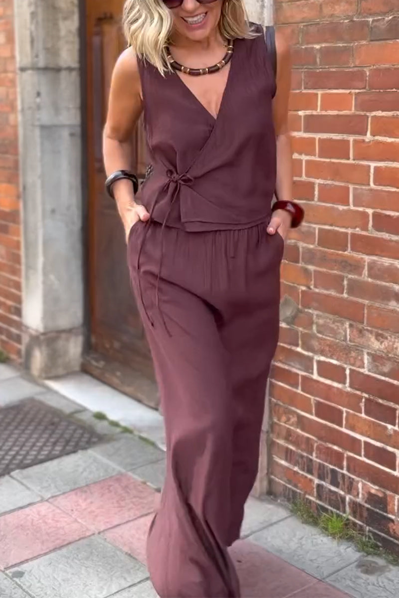 Ladies' V-neck Solid Color Top+ Skirt Casual Set