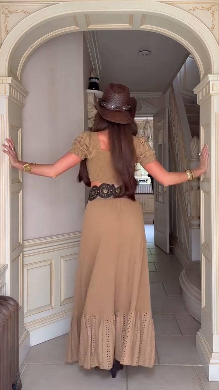 Women's Spring/Summer Dark Khaki Vacation Boho Nomadic Ultra-cropped Top Slit Long Skirt Two-piece Set - MATCHING MASTER