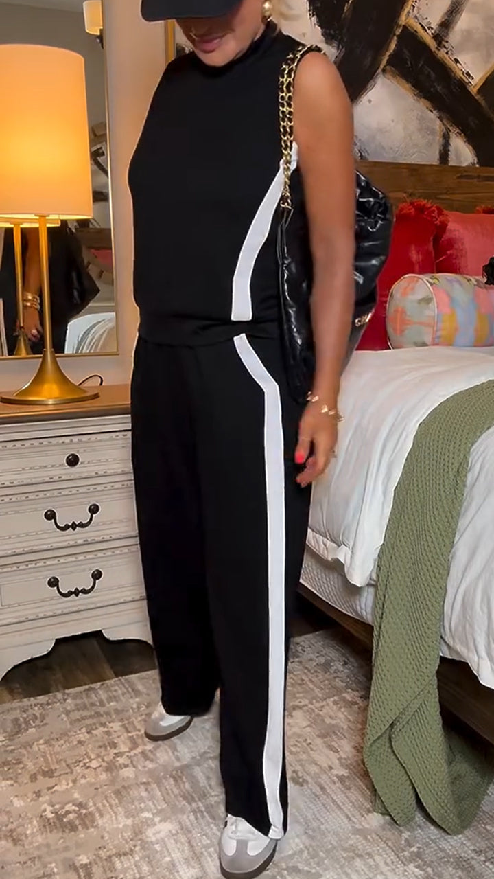 Ladies' Round Neck Spliced Vertical Stripe Casual Set