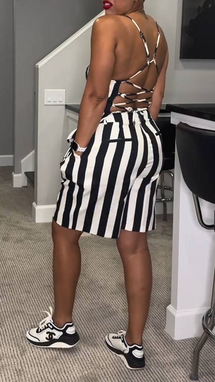 Ladies' Vertical Camisole with Hollowed Out Straps Top+ Short Casual Style Suit - MATCHING MASTER