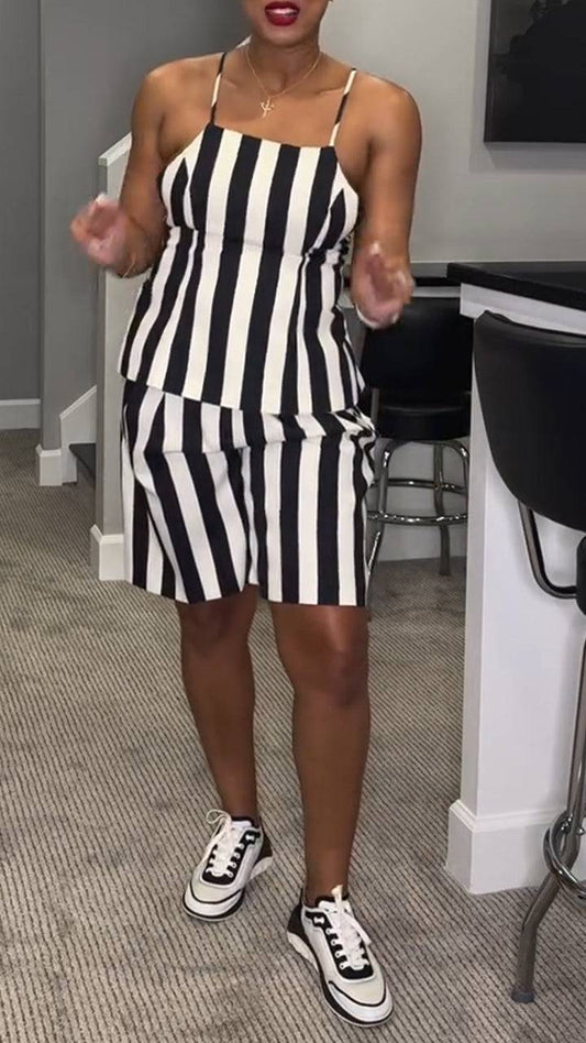 Ladies' Vertical Camisole with Hollowed Out Straps Top+ Short Casual Style Suit - MATCHING MASTER