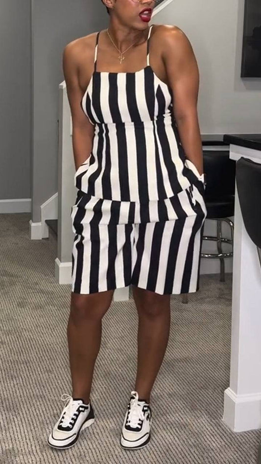 Ladies' Vertical Camisole with Hollowed Out Straps Top+ Short Casual Style Suit - MATCHING MASTER