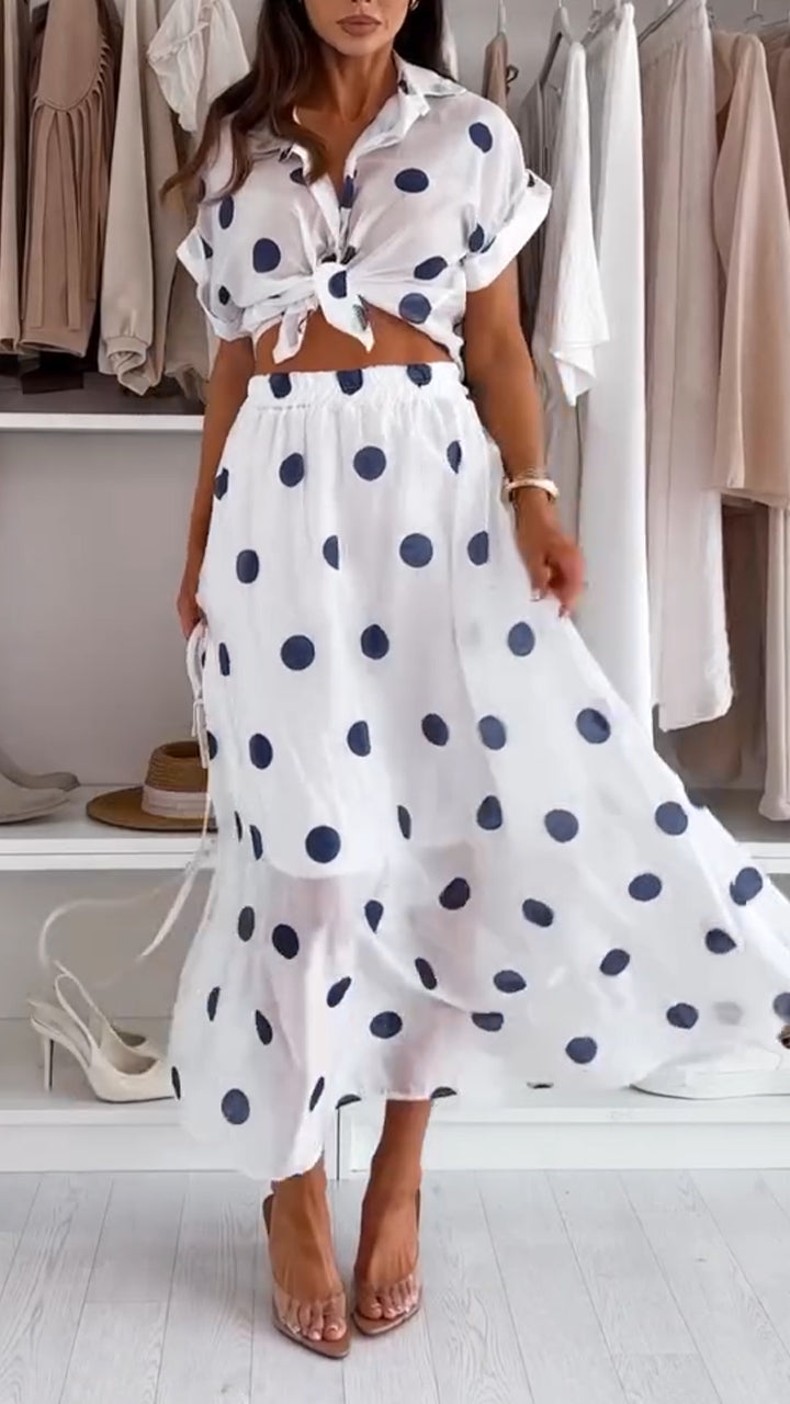 Ladies' Collar Polka Dot Top+ Skirt Casual Set