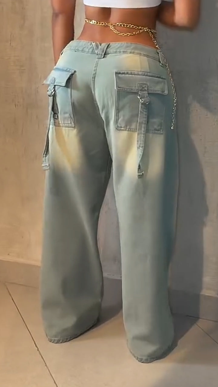 Ladies' Wash Water Splicing Pocket Denim Jeans