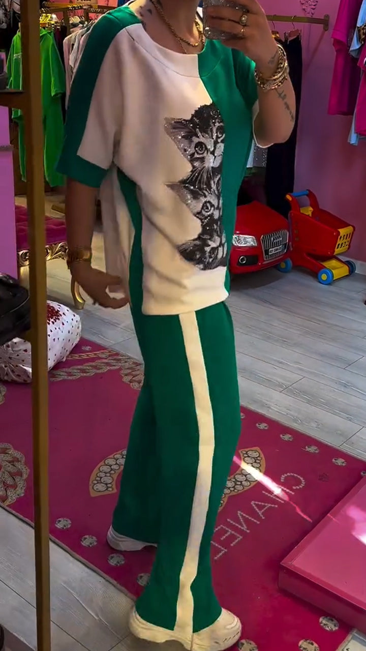 Ladies' Round Neck Contrasting Hot Stamping Printed Top+ Pants Casual Set