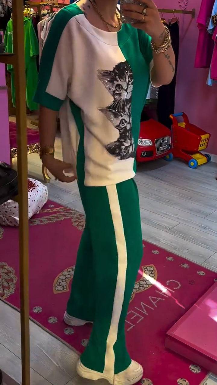 Ladies' Round Neck Contrasting Hot Stamping Printed Top+ Pants Casual Set - MATCHING MASTER